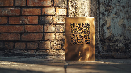 Sleek QR Code Engraved on Aluminum Plate in Front of Brick Wall at Golden Hour