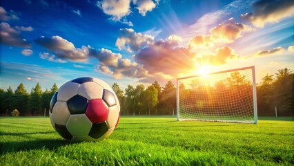 Soccer Ball on Grass in Sunny Football Field - Sports and Leisure Photography