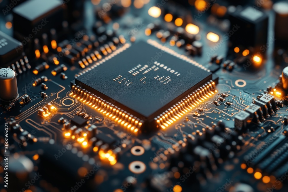 Poster close-up of a microchip on a circuit board, showcasing intricate electronic components.