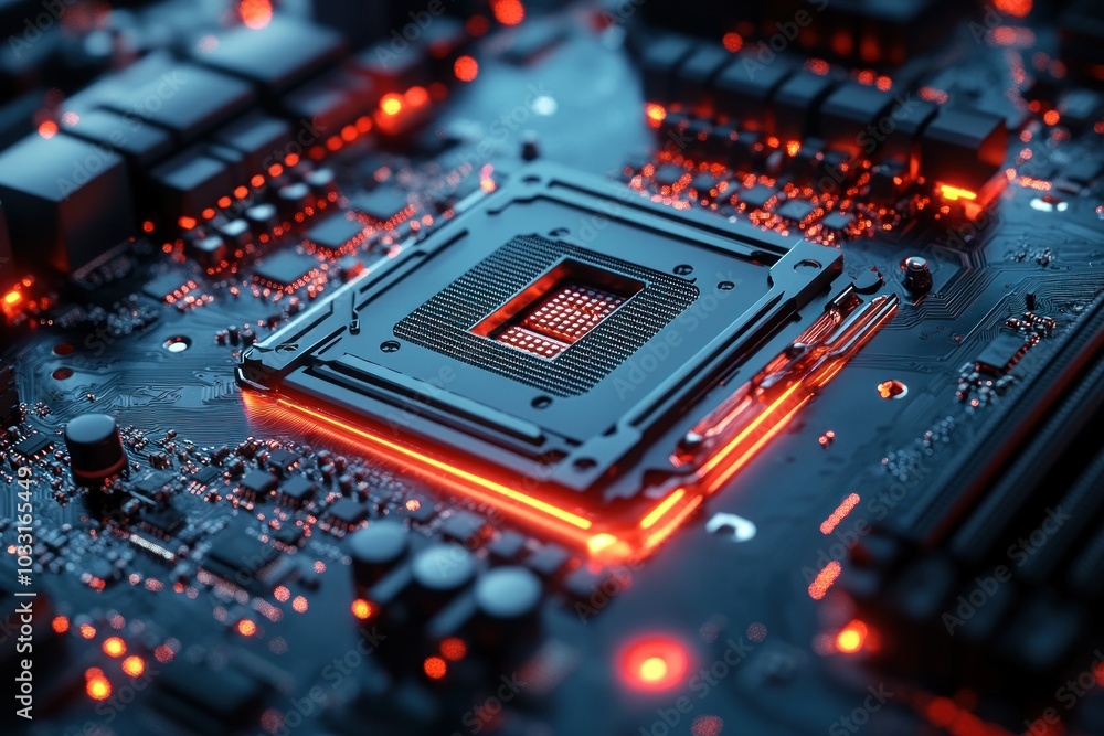 Poster a close-up of a computer motherboard with a central processing unit and glowing elements.