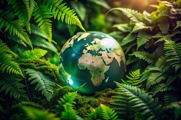 Soft Green World Map Surrounded by Lush Leaves - Low Light Photography