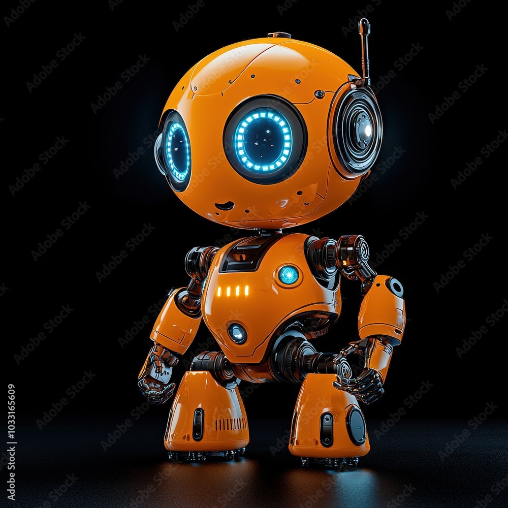 Poster toy robot with flashing lights isolated on a dark black background.