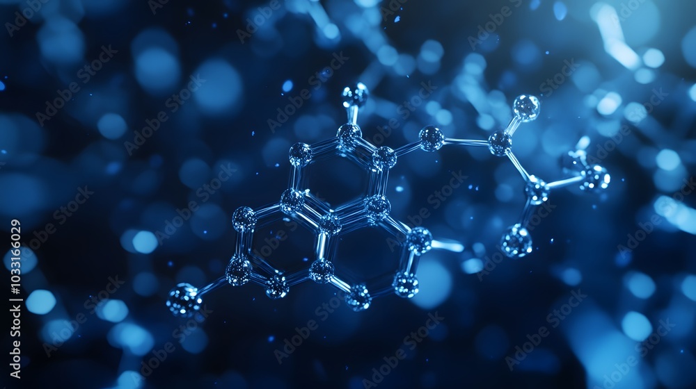Poster a 3d molecular structure with blue background and bokeh