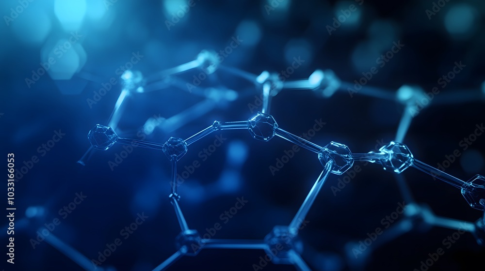Poster abstract blue molecular structure with bokeh background