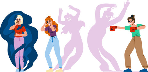 silhouette woman shadow fear vector. anxiety mystery, night eerie, ghost terror silhouette woman shadow fear character. people flat cartoon illustration