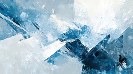Abstract interpretation of a winter landscape, with jagged shapes and cool tones of blue, silver, and white. The design mimics the texture of ice and snow, with shimmering elements and sharp contrasts
