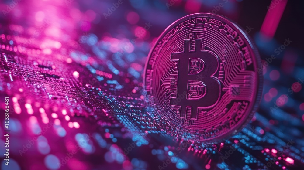 Poster a digital representation of a bitcoin coin on a circuit-like background with vibrant colors.