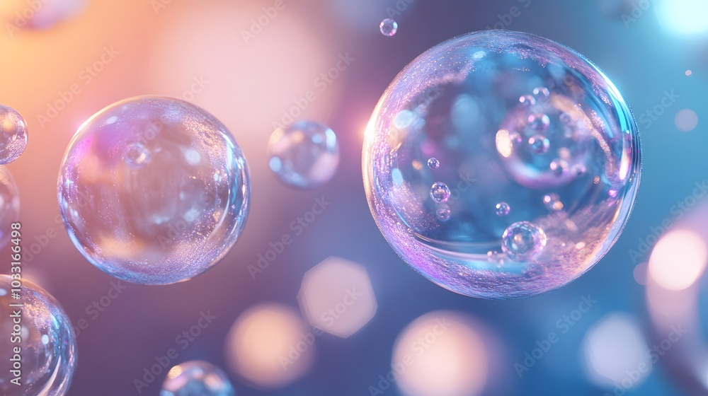 Poster iridescent soap bubbles floating against a blurred background