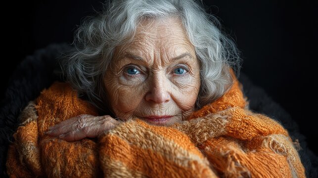 Elderly woman wrapped in a warm orange scarf gazes thoughtfully into the distance against a dark backdrop