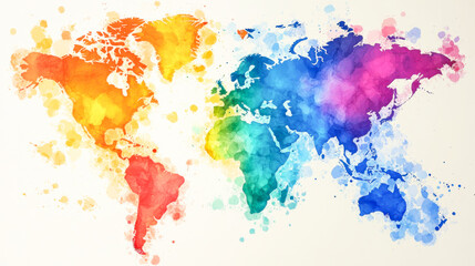 Rainbow water color splatter art style World map