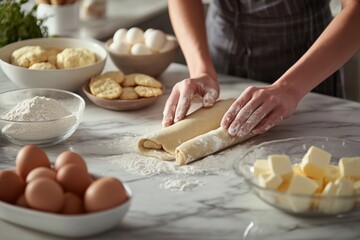 An elegant home baking scene, a person rolling out dough on a marble countertop, surrounded by bowls of flour, eggs, and butter