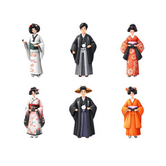 Traditional Japanese kimono characters, white background