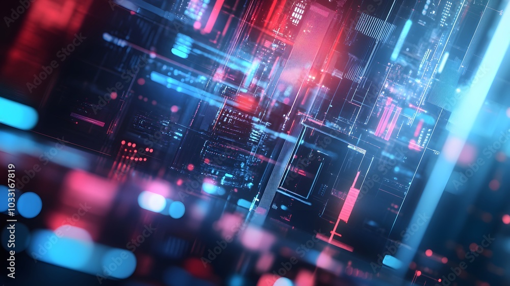 Poster abstract digital interface with red and blue glowing lines and squares