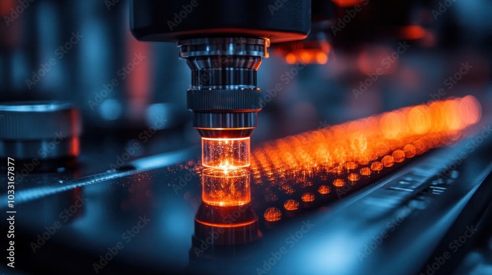 Poster close-up of a precision microscope focusing on a glowing sample on a laboratory slide.