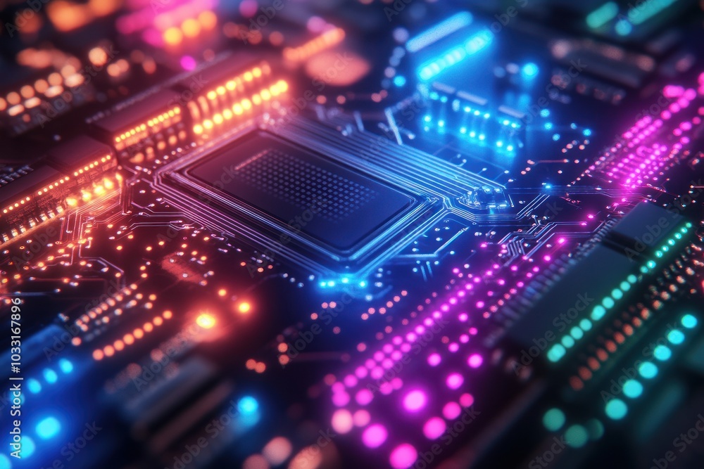 Aufkleber a vibrant close-up of a circuit board with glowing components and intricate connections.