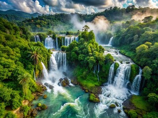 Stunning Aerial View of Majestic Waterfall in Lush Rainforest - Nature's Power Unleashed