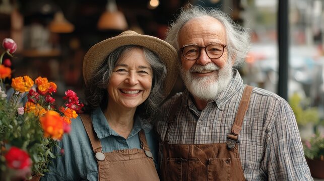 Joyful couple in aprons standing together in a flower shop with vibrant blooms during afternoon sunlight