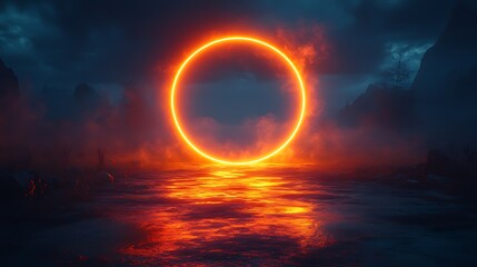 A glowing orange ring, a portal to another dimension, shines brightly over a mysterious lake.