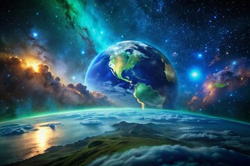 Stunning Double Exposure of Planet Earth with Cosmic Elements and Nature's Beauty for Backgrounds