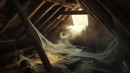 Obraz premium A dusty attic space with cobwebs and dirt, suitable for a spooky theme