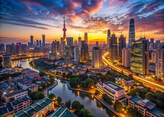 Stunning Drone Photography of Asian Cityscape at Dusk with Vibrant Skyline and Urban Architecture