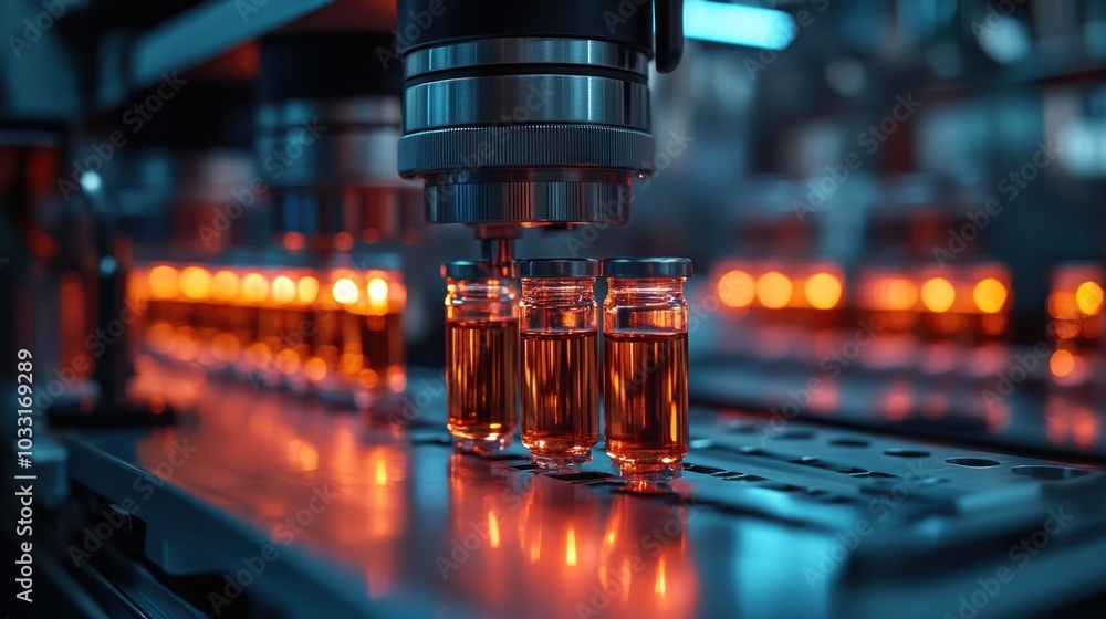 Poster automated machinery filling vials with liquid in a laboratory setting.