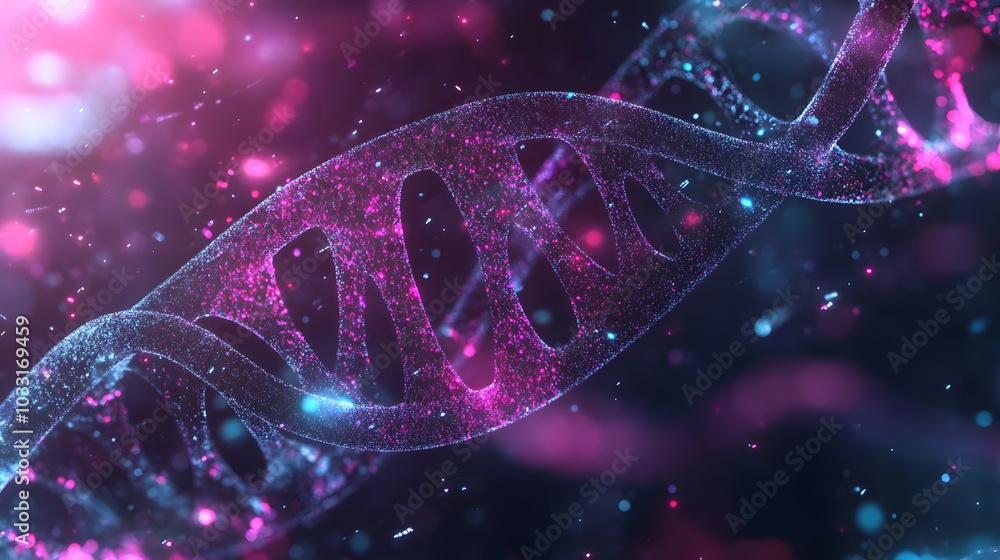 Poster abstract representation of a dna double helix with glowing particles