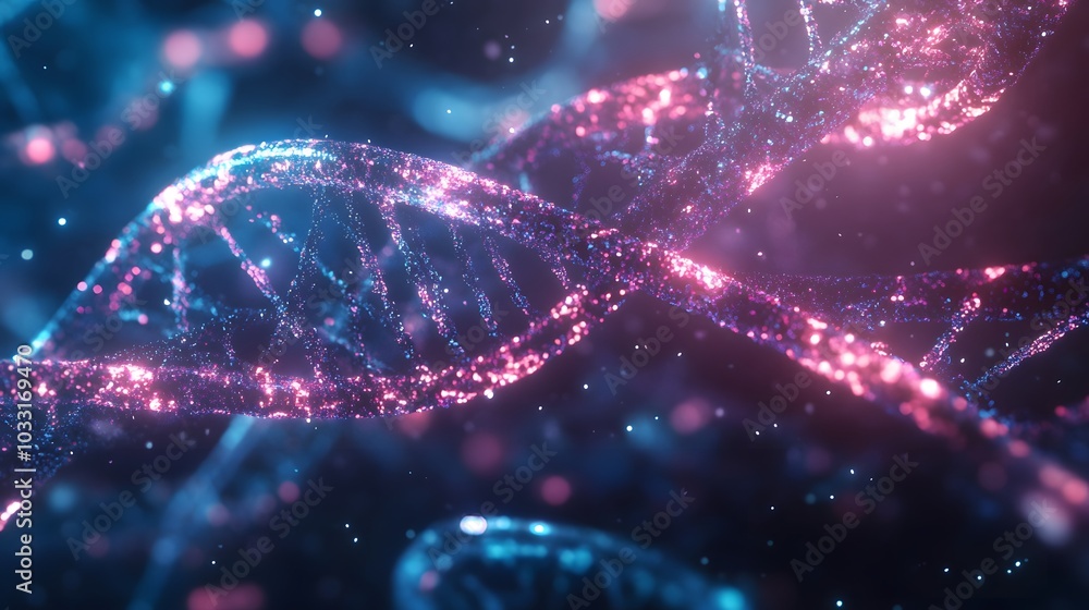 Poster a 3d render of a dna double helix with glowing particles