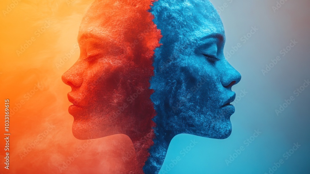 Poster a dual-profile image illustrating contrasting emotions through color and texture.