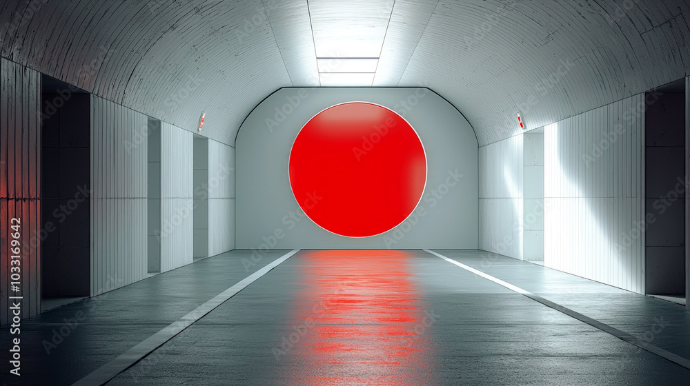 Poster a minimalist hallway featuring a large red circle at the end, creating a striking visual impact.