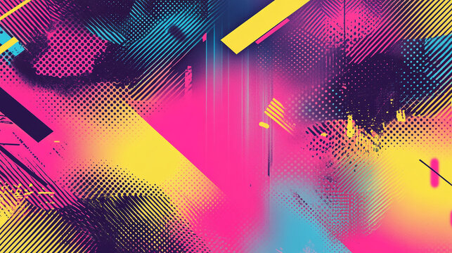 A futuristic halftone pattern with neon colors and digital glitch effects