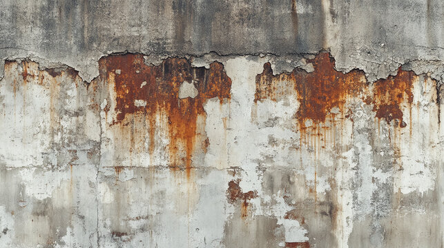 A grungy concrete wall with rust stains and peeling paint, perfect for an urban backdrop