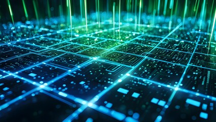 Obraz premium A digital grid with glowing lines and particles, representing technology and data flow.