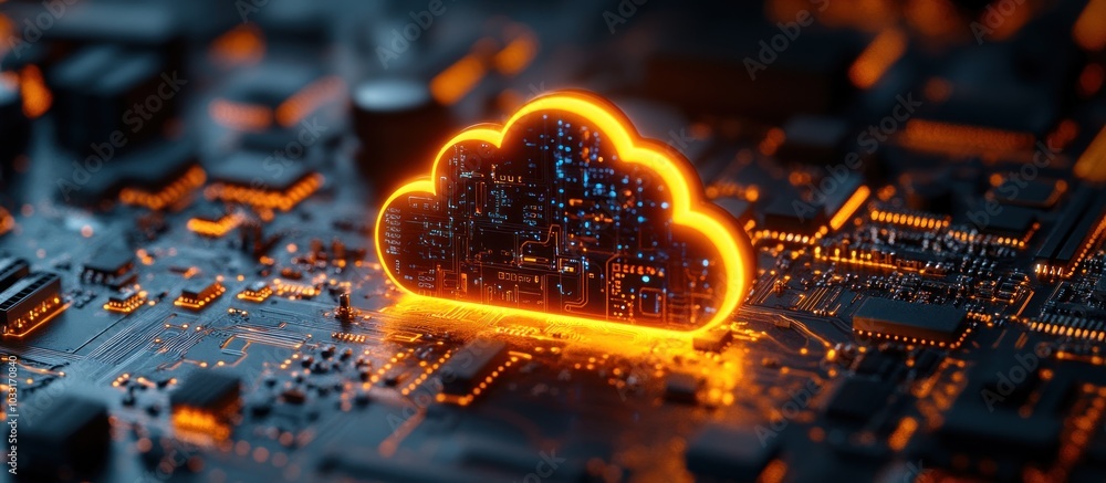 Poster a glowing cloud symbol on a circuit board, representing digital technology and data storage.