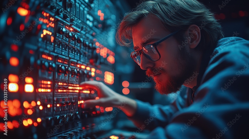 Poster a person adjusting a complex control panel with glowing lights in a dark environment.