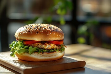 Delicious fresh hamburger with salad, meat, cheese and sauce on the table on the background