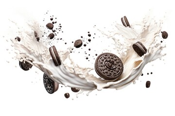 Cookies and cream milk splash border dessert food white background.