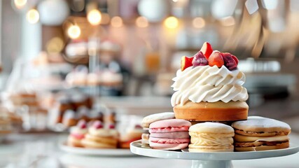 Delicious strawberry topped dessert and colorful macarons displayed at a pastry shop during afternoon