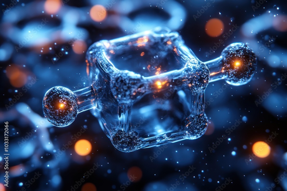 Poster a 3d representation of a molecular structure with glowing elements in a dark background.