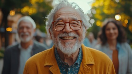Group of smiling elderly friends walking together in a sunny park during a cheerful afternoon stroll near blooming trees