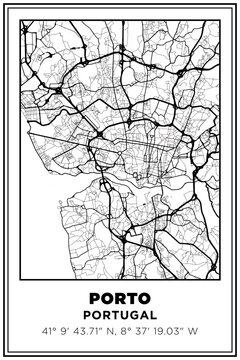 Black and white printable Street map art Porto city, Portugal. Travel poster with coordinates, poster design, Modern Poster Wall Art Home Decor Ready to Printable