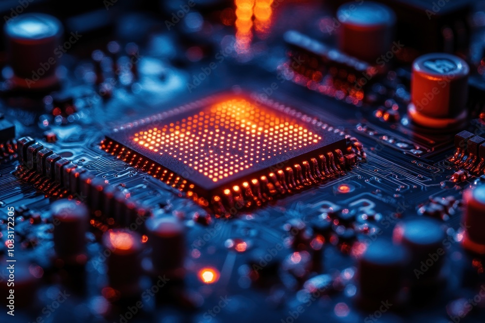 Poster close-up of a glowing microprocessor on a circuit board, showcasing technology and design.