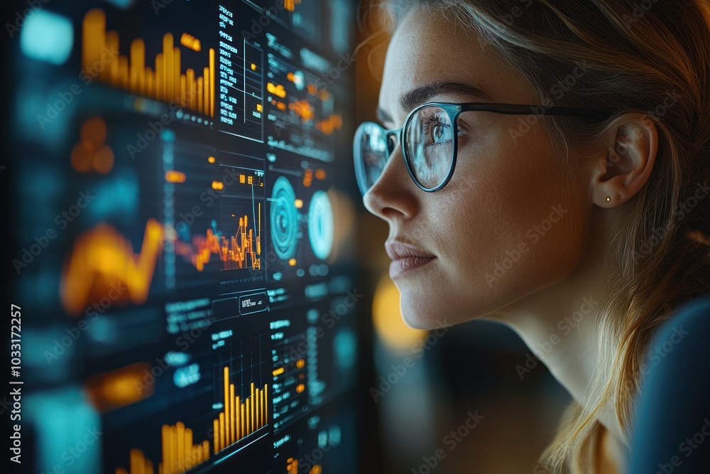 Poster a focused individual analyzing data on a digital interface with graphs and metrics.