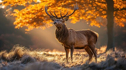 deer with large antlers standing in a sunlit autumn forest, surrounded by golden leaves and soft light through the trees.