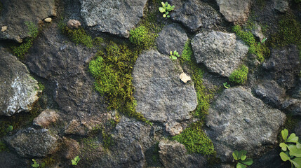 A stone surface with moss and dirt accumulation, suitable for nature-inspired themes