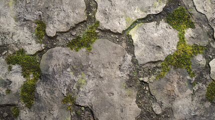 A stone surface with moss and dirt accumulation, suitable for nature-inspired themes