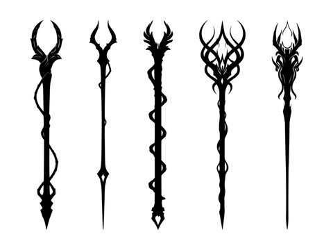set of mage wand silhouettes on isolated background