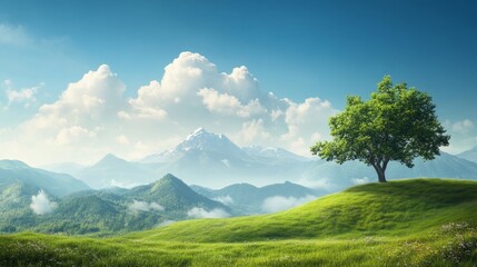Lone Tree on a Green Hill with Mountains in the Background