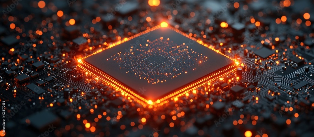 Poster a close-up view of a glowing microchip on a circuit board, showcasing technology.