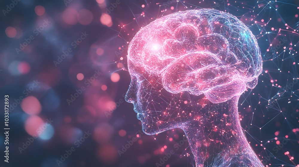 Poster abstract digital rendering of a human brain in profile